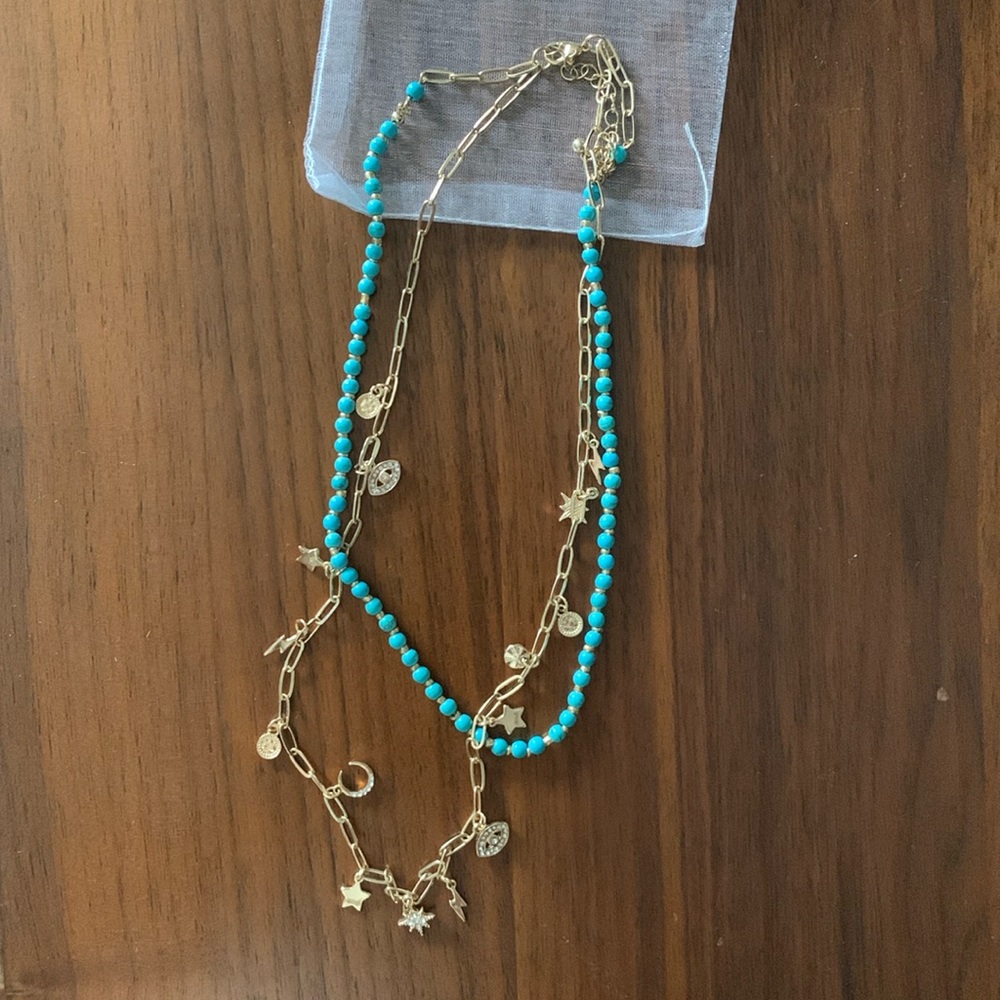 Layered Teal Beaded and Charm Necklace